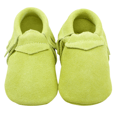 Mocassins à franges Suède en cuir souple Vert d'Eau - LAIT ET MIEL - Chaussons Bébé et Enfant