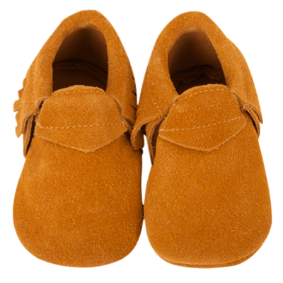 Mocassins à franges Suède en cuir souple Camel - LAIT ET MIEL - Chaussons Bébé et Enfant