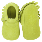 Mocassins à franges Suède en cuir souple Vert d'Eau - LAIT ET MIEL - Chaussons Bébé et Enfant